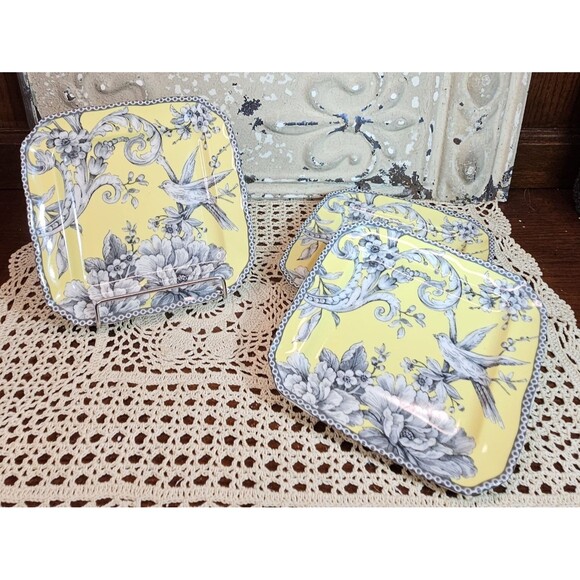 Set of 3 222 Fifth Square Salad Plates Adelaide Yellow Floral Bird Theme 6" - Picture 2 of 7